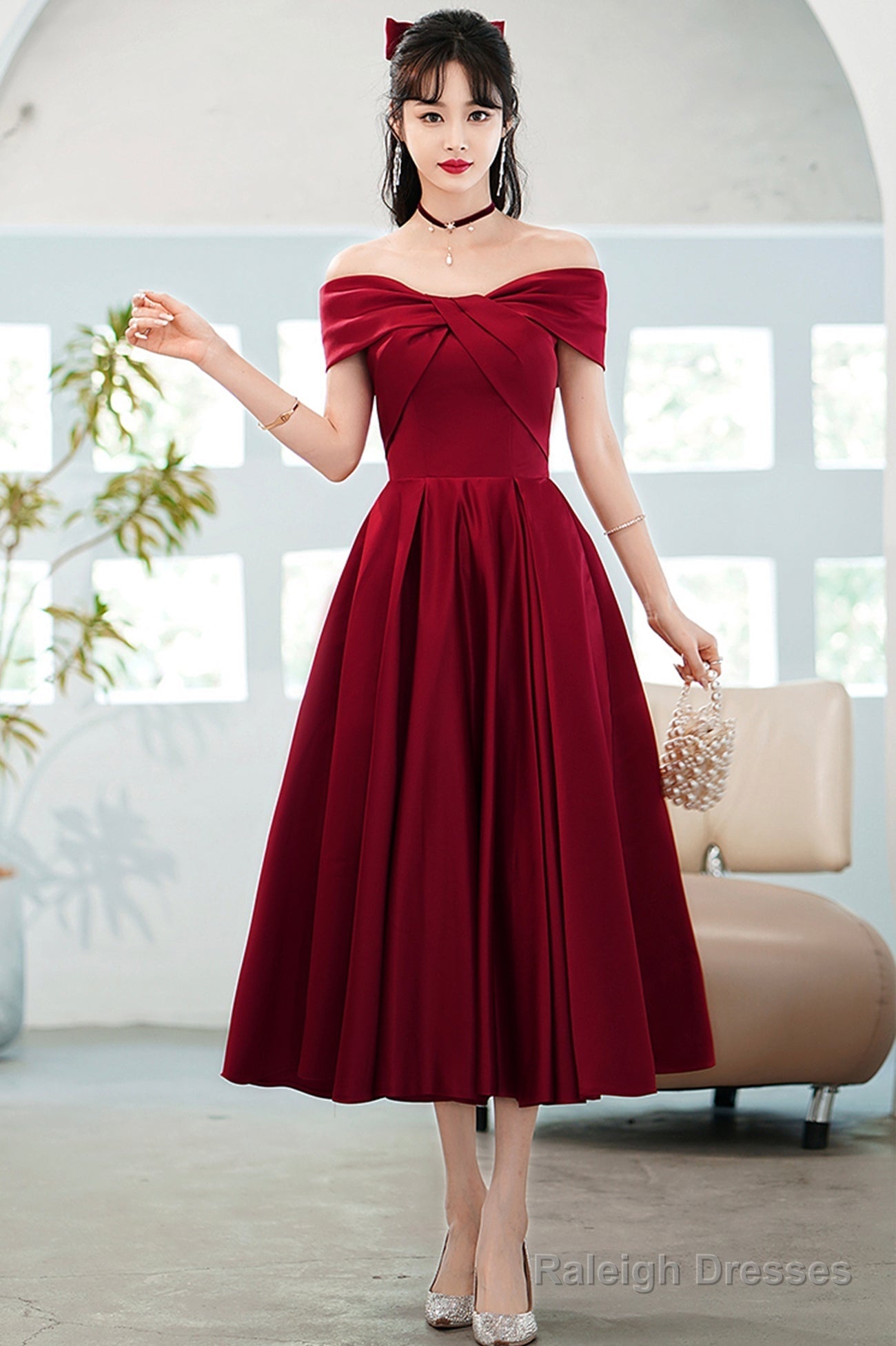 Burgundy Satin Short A-Line Prom Dress, Off The Shoulder Homecoming Party Dress