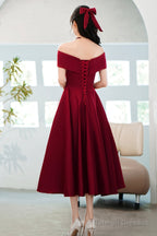 Burgundy Satin Short A-Line Prom Dresses Off The Shoulder Homecoming Prom Dresses