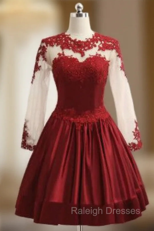 Burgundy Satin Short Lace Elegant Short Cocktail Dresses Main image