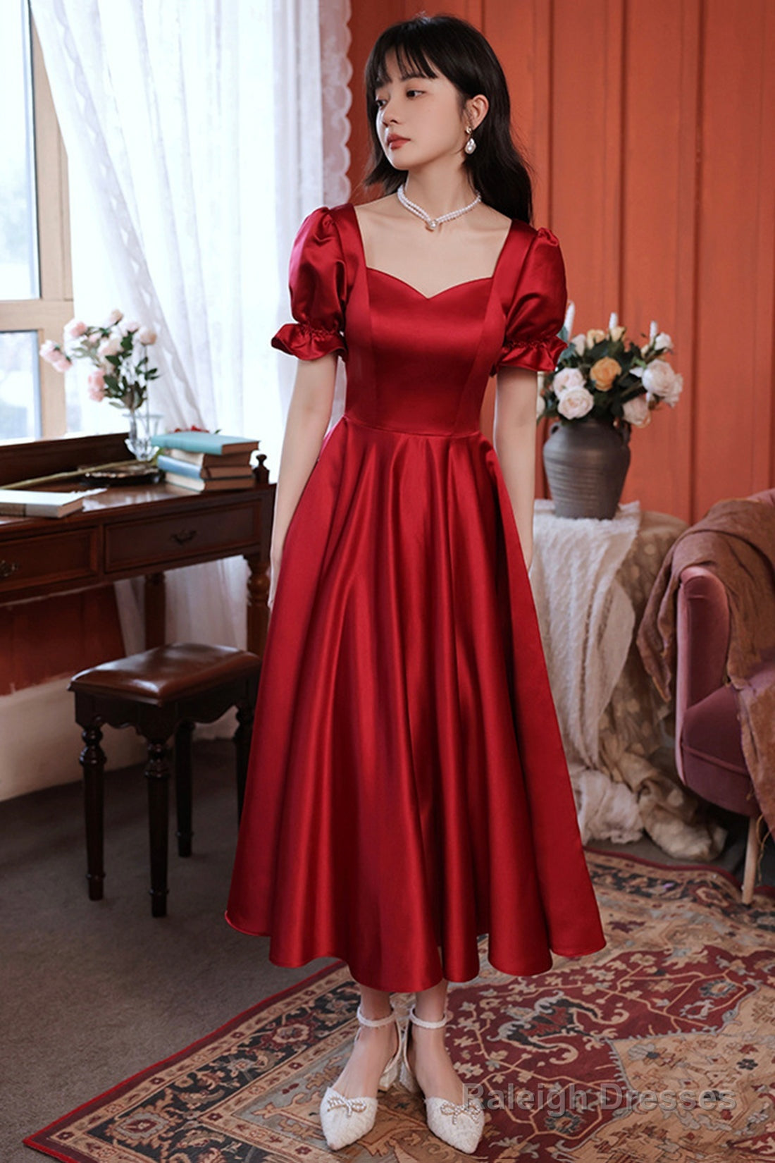 Burgundy Satin Short Prom Dresses Cute A-Line Prom Dresses