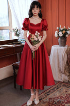 Burgundy Satin Short Prom Dress, Cute A-Line Evening Party Dress