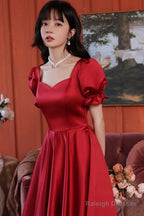 Burgundy Satin Short Prom Dresses Cute A-Line Prom Dresses
