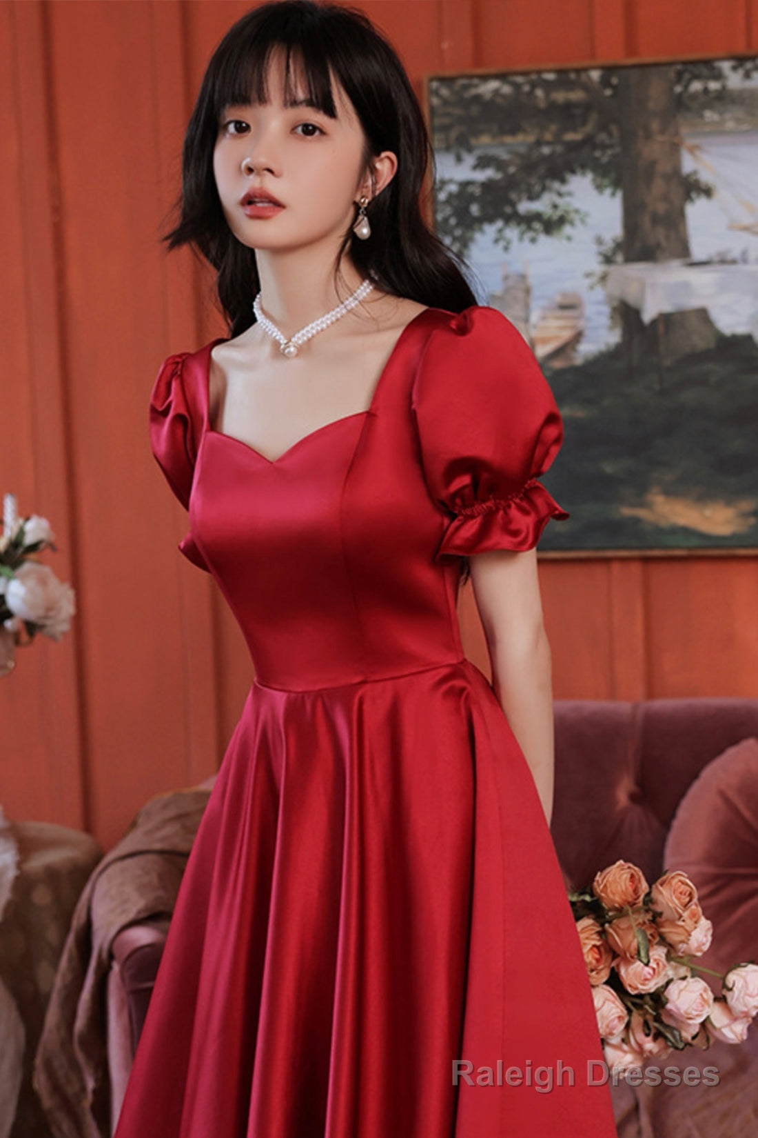 Burgundy Satin Short Prom Dresses Cute A-Line Prom Dresses