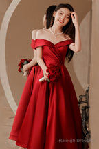 Burgundy Satin Short Prom Dresses, Off The Shoulder Evening Dresses