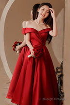 Burgundy Satin Short Prom Dress Off The Shoulder Prom Dress