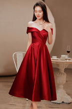 Burgundy Satin Short Prom Dresses, Off The Shoulder Evening Dresses
