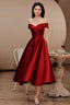 Burgundy Satin Short Prom Dresses, Off The Shoulder Evening Dresses