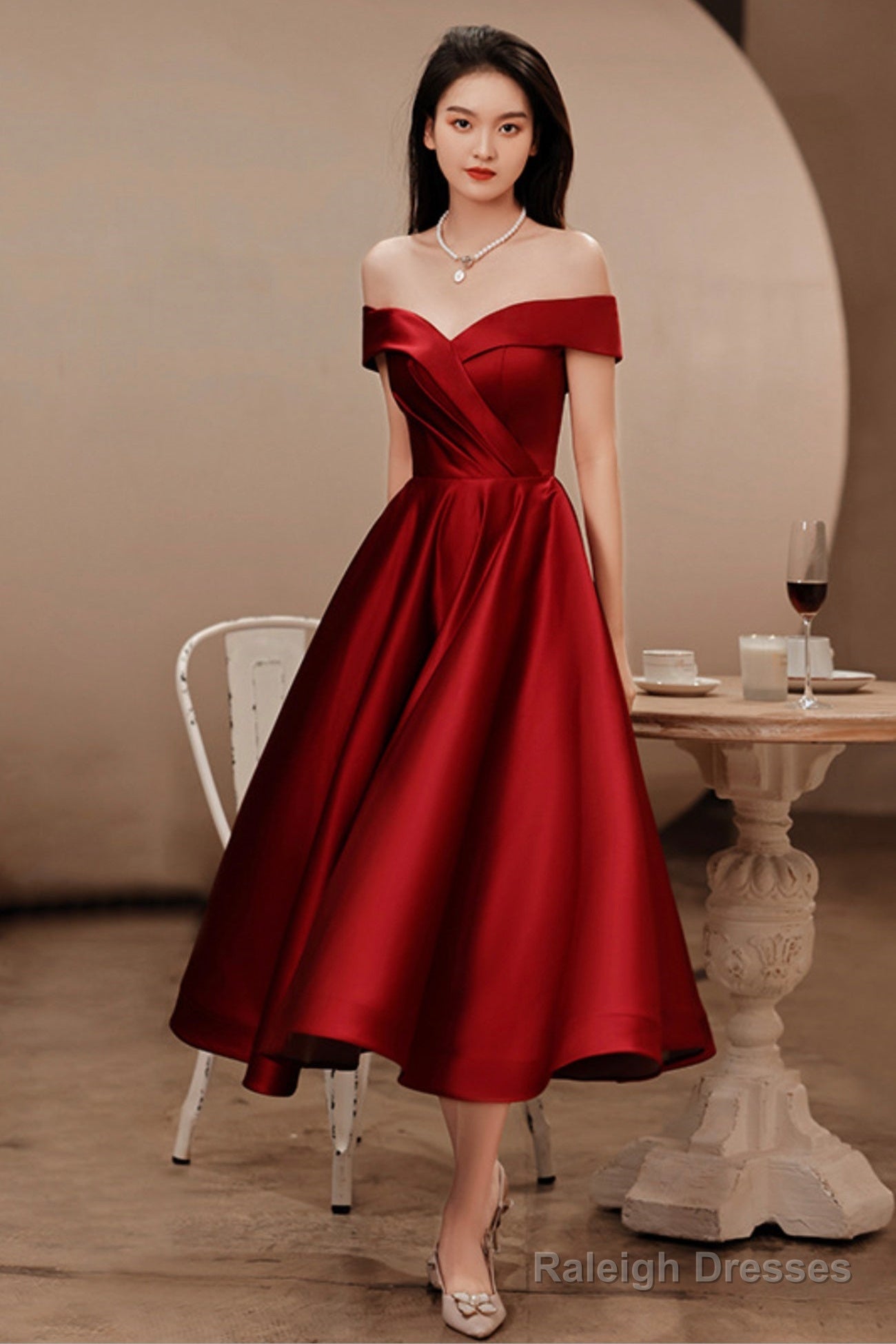 Burgundy Satin Short Prom Dress Off The Shoulder Prom Dress Main image