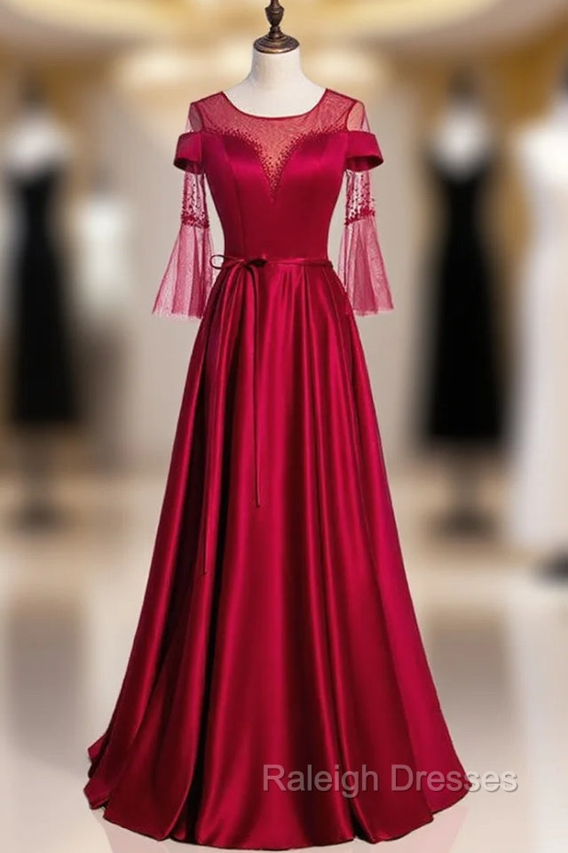 Burgundy Satin Short Sleeve Beading Backless Prom Dress Main image