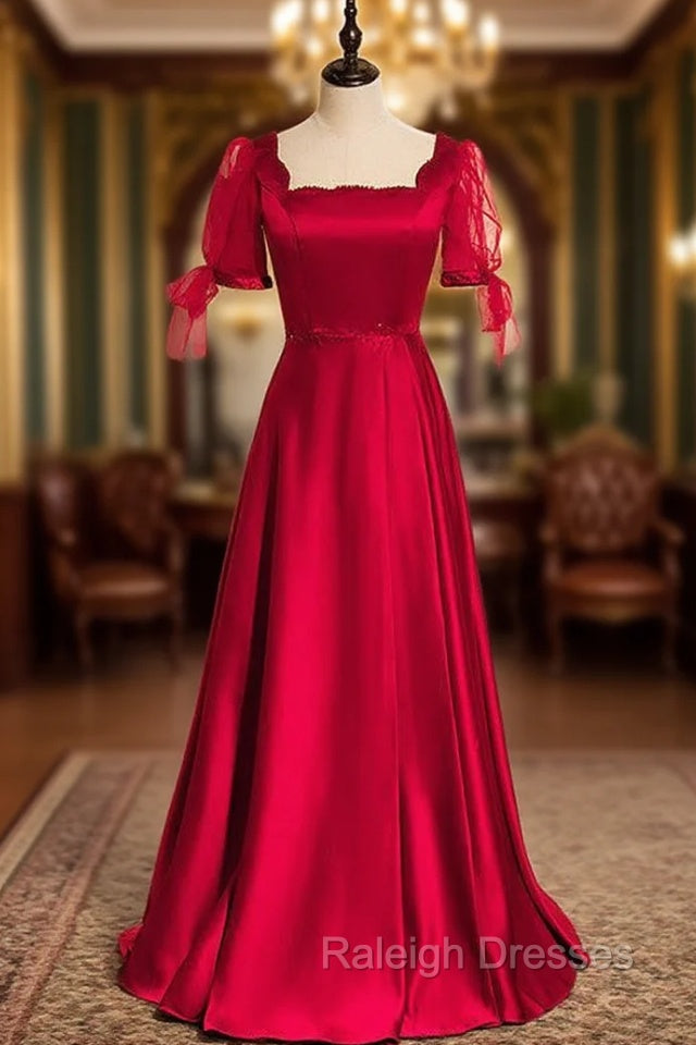 Burgundy Satin Short Sleeve Beading Prom Dress