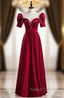 Burgundy Satin Short Sleeve Pearls Prom Dress