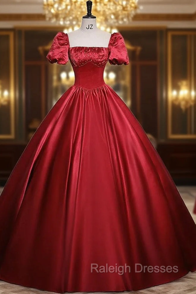 Burgundy Satin Short Sleeve Pleats Prom Dress