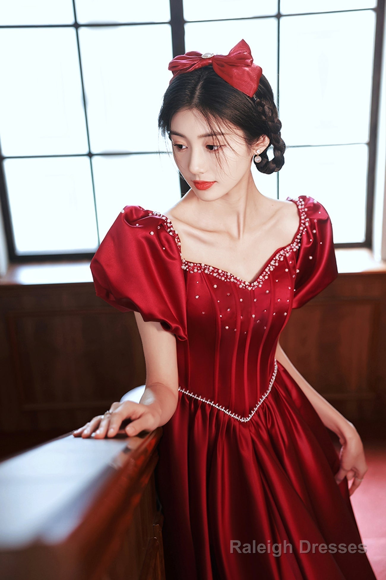 Burgundy Satin Short Sleeve Prom Dress, A-Line Graduation Dress