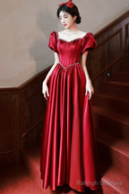 Burgundy Satin Short Sleeve Prom Dress, A-Line Graduation Dress