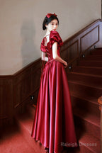 Burgundy Satin Short Sleeve Prom Dresses A-Line Graduation Dresses