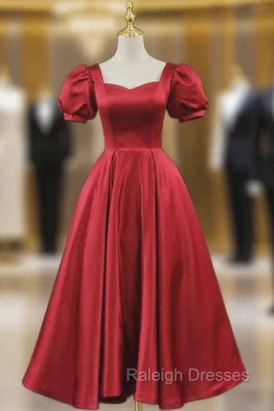 Burgundy Satin Short Sleeve Prom Dress Main image