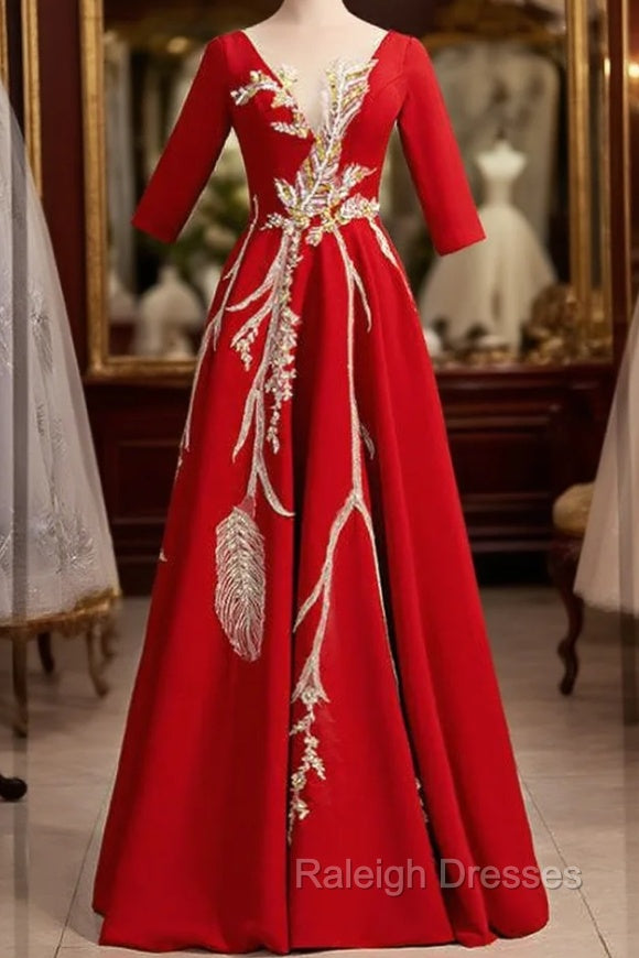 Burgundy Satin Short Sleeve Sequins Appliques Prom Dress