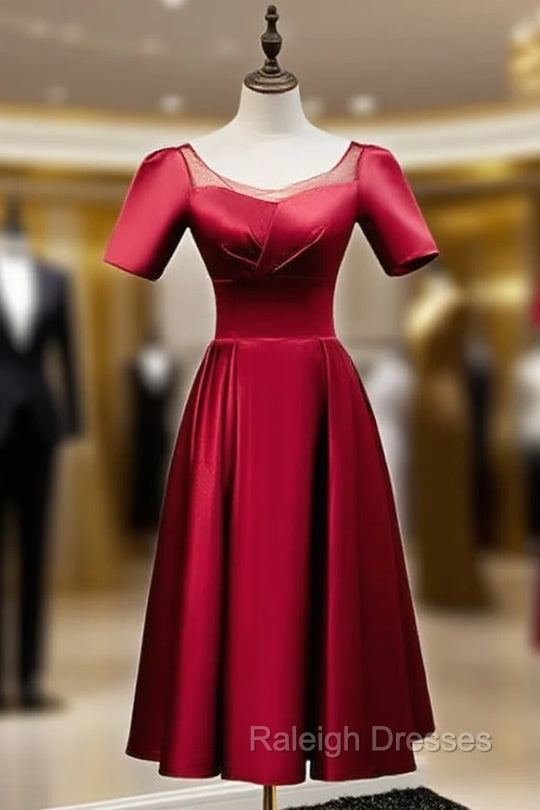 Burgundy Satin Short Sleeve Tea Length Prom Dress