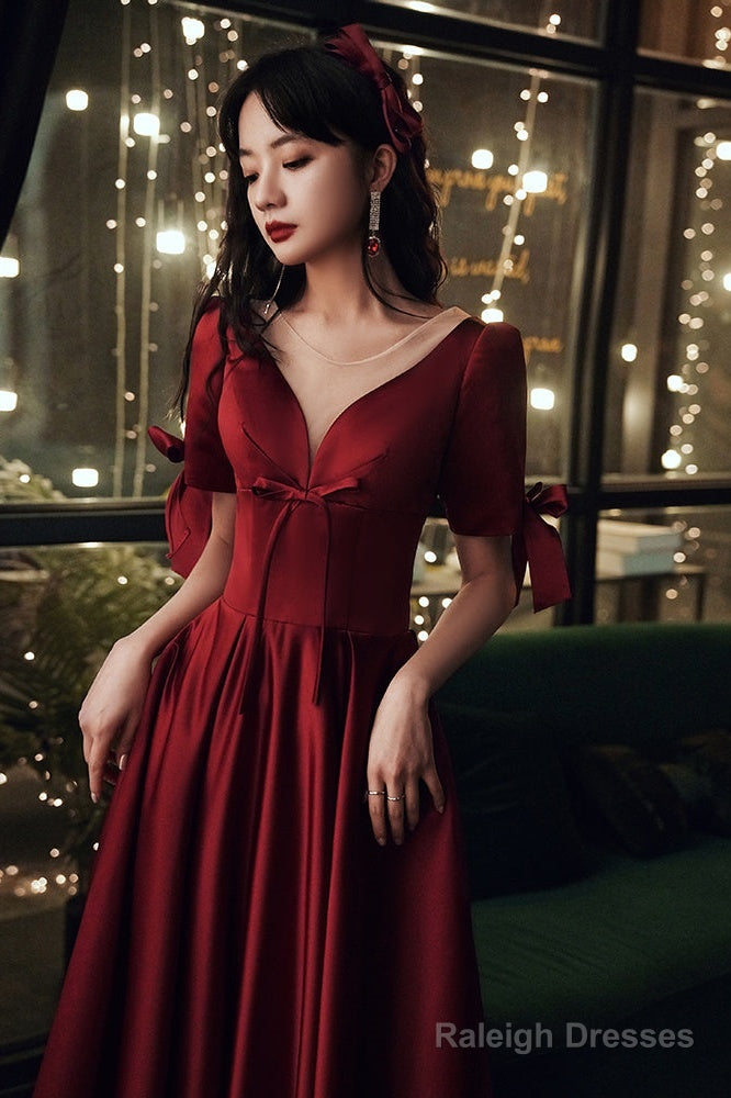 Burgundy Satin Short Sleeves A-Line Floor Length Prom Dress, Burgundy Party Dress Secondary image