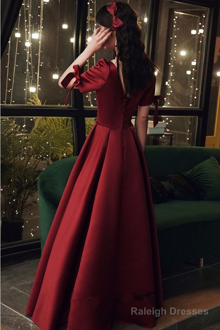 Burgundy Satin Short Sleeves A-Line Floor Length Prom Dresses Burgundy Prom Dresses