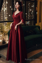 Burgundy Satin Short Sleeves A-Line Floor Length Prom Dress, Burgundy Party Dress