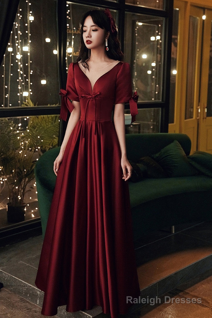 Burgundy Satin Short Sleeves A-Line Floor Length Prom Dress, Burgundy Party Dress Main image