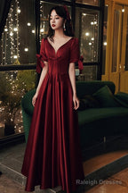 Burgundy Satin Short Sleeves A-Line Floor Length Prom Dress, Burgundy Party Dress