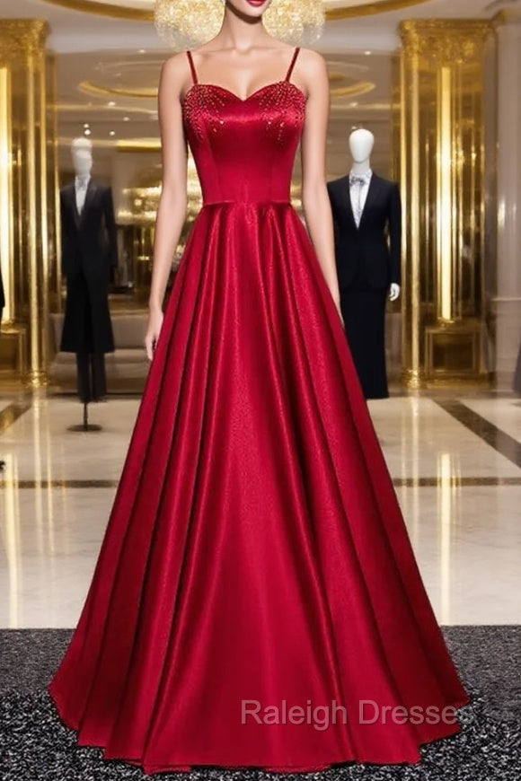 Burgundy Satin Spaghetti Straps Beading Prom Dress Main image