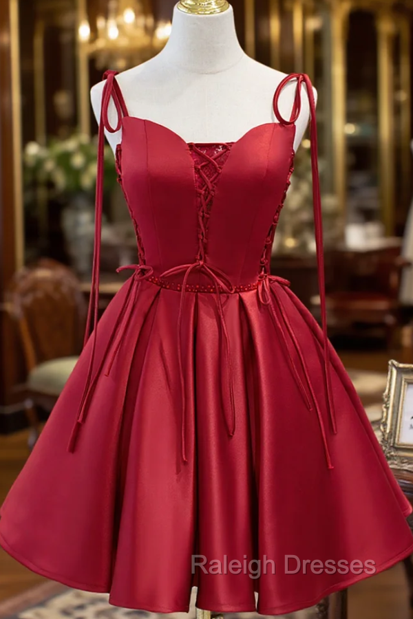 Burgundy Satin Spaghetti Straps Homecoming Dress Main image