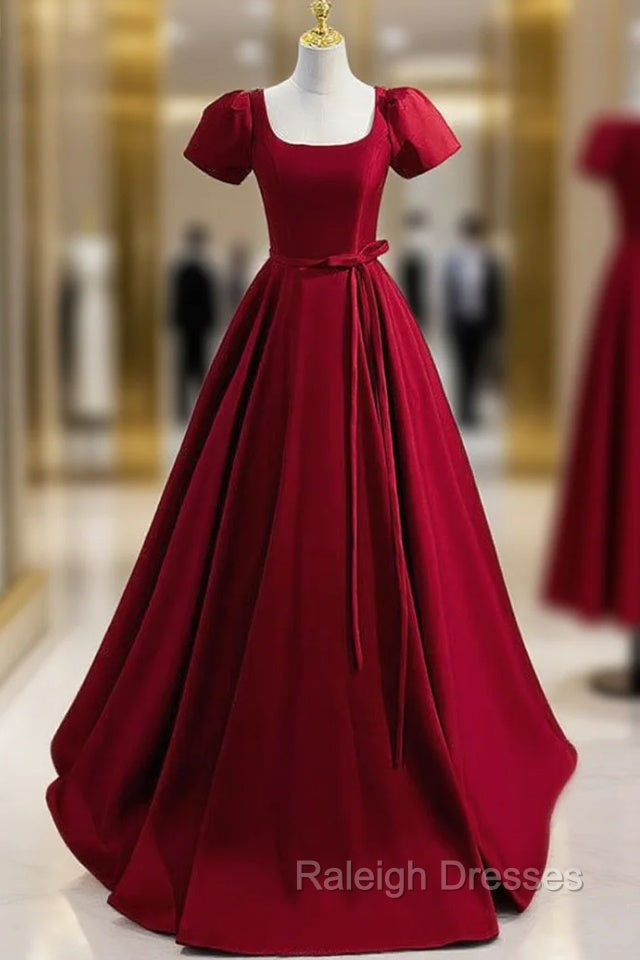 Burgundy Satin Square Beading Short Sleeve prom Dress Main image