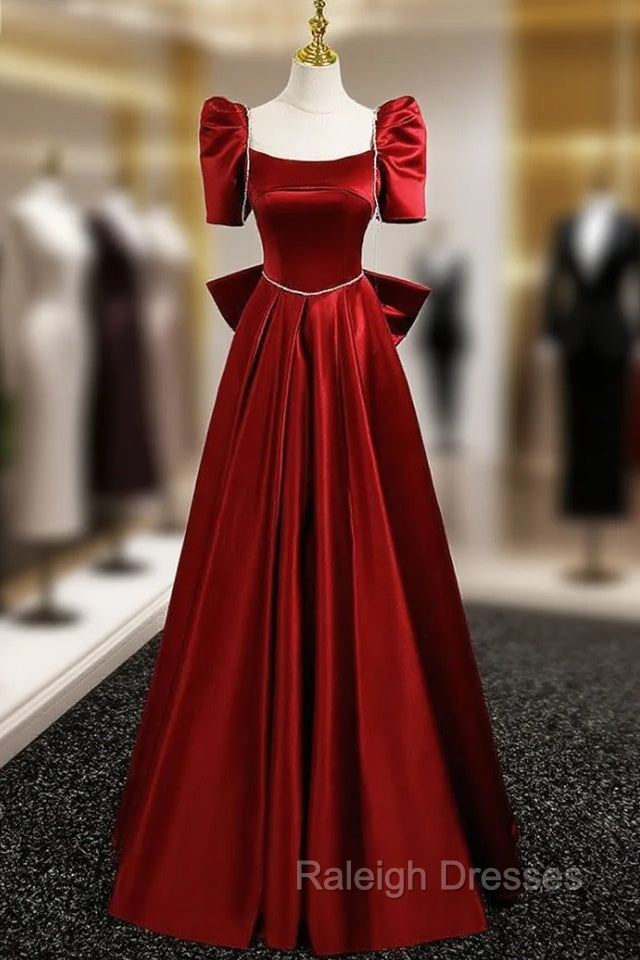 Burgundy Satin Square Neck Short Sleeve Bow Prom Dress Main image