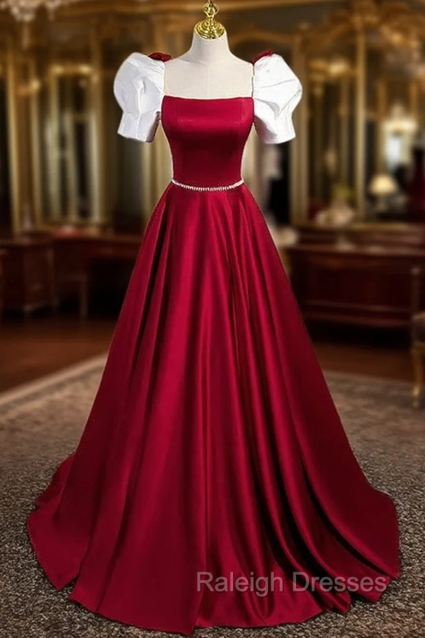 Burgundy Satin Square Neck Short Sleeve Prom Dress
