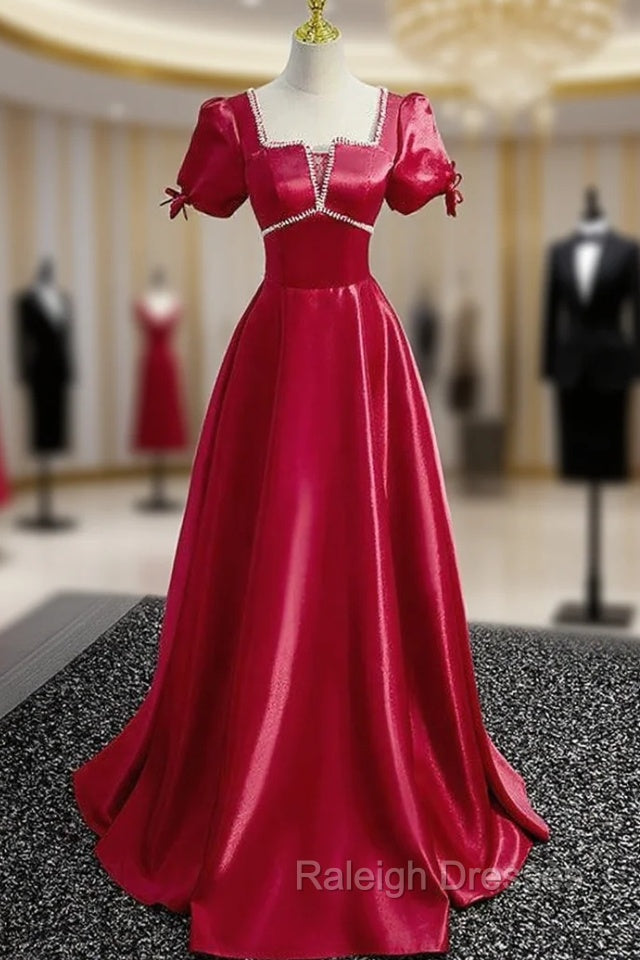 Burgundy Satin Square Puff Sleeve Beading Prom Dress Main image