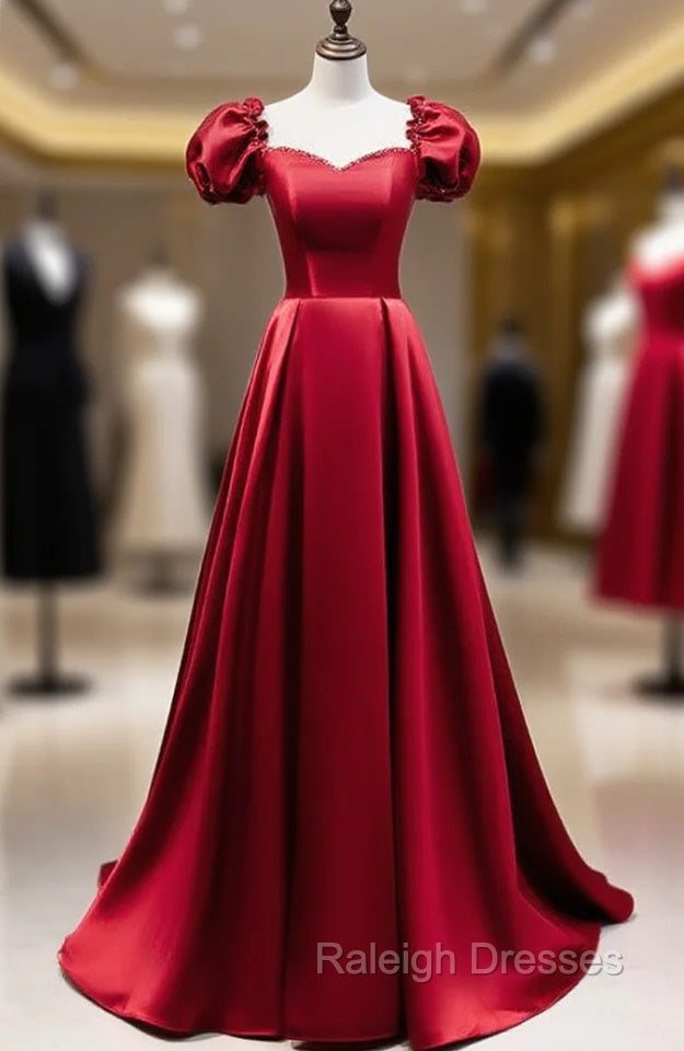 Burgundy Satin Square Puff Sleeve Beding Prom Dress