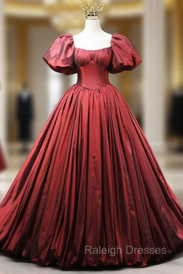 Burgundy Satin Square Puff Sleeve Pleats Prom Dress Main image