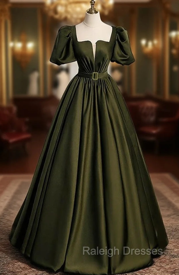 Burgundy Satin Square Puff Sleeve Pleats Prom Dresses Main image