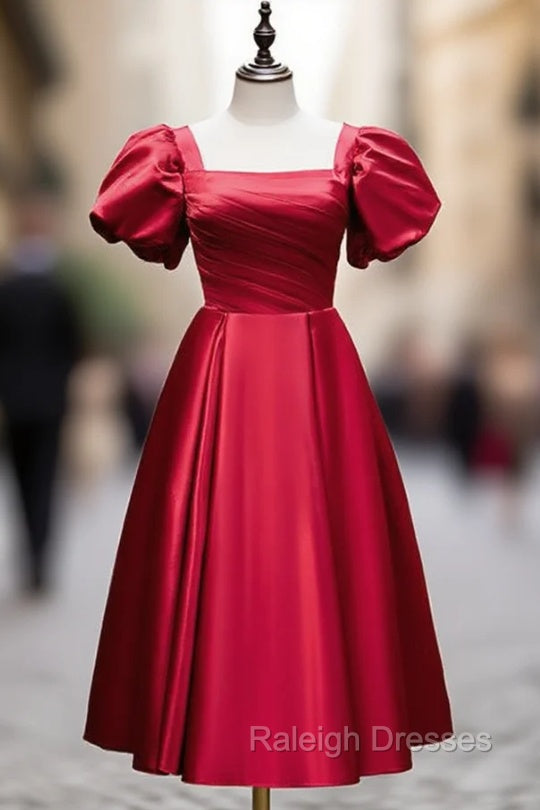 Burgundy Satin Square Puff Sleeve Prom Dress Main image
