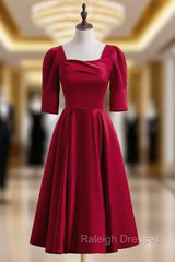 Burgundy Satin Square Short Sleeve Tea Length Prom Dress