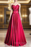 Burgundy Satin Strapless Beading Prom Dress