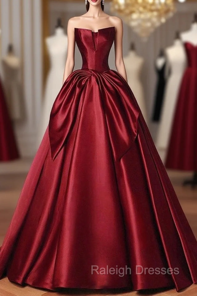 Burgundy Satin Strapless Bow Prom Dress Main image