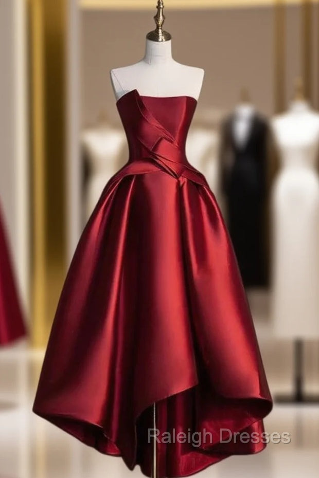 Burgundy Satin Strapless  Prom Dress Main image