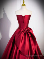Burgundy Satin Strapless Long Prom Dress, Beautiful A-Line Evening Party Dress