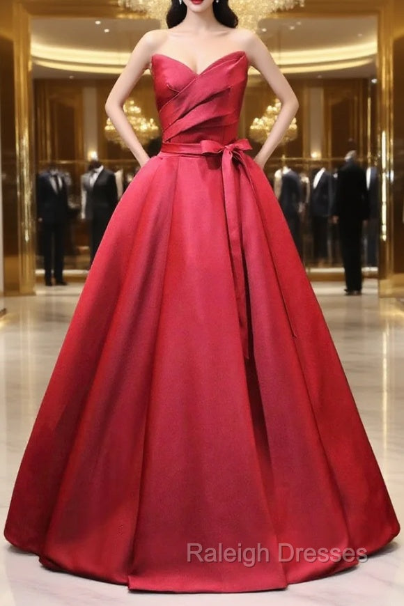 Burgundy Satin Strapless Pleats Prom Dress With Belt