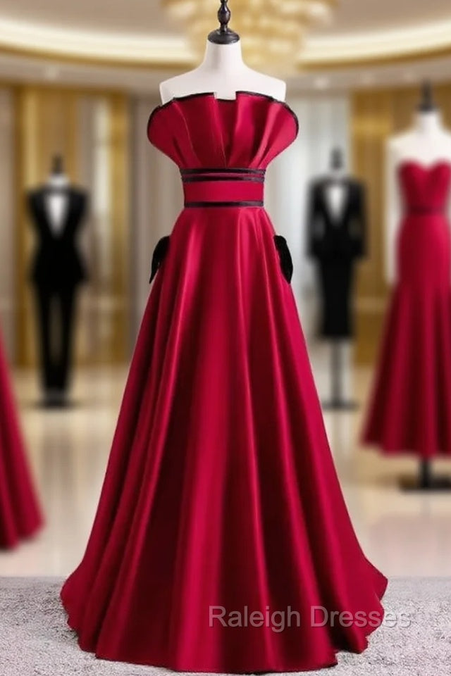 Burgundy Satin Strapless Pleats Prom Dress