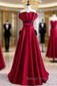 Burgundy Satin Strapless Pleats Prom Dress