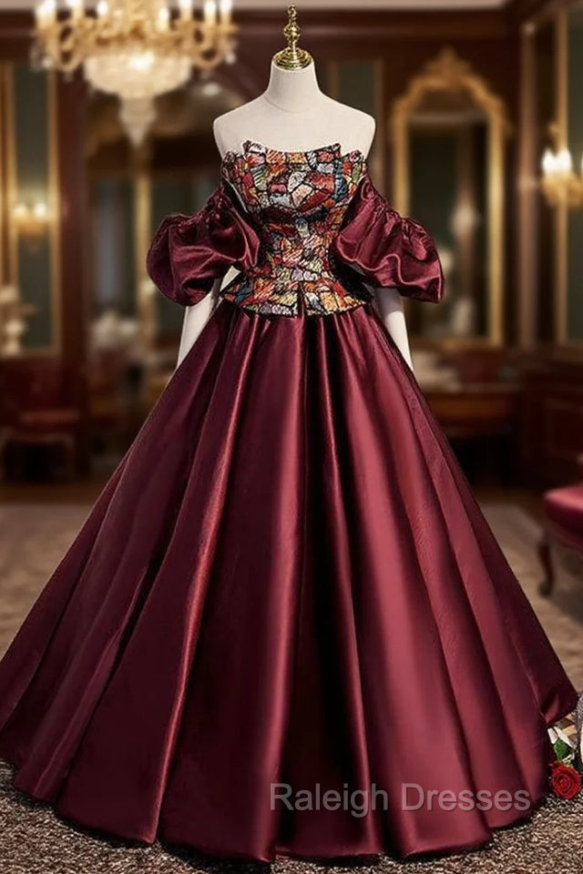 Burgundy Satin Strapless Prom Dress