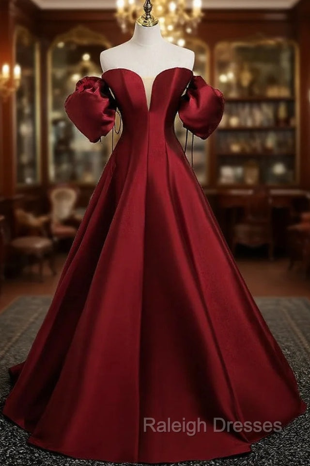 Burgundy Satin Strapless Puff Sleeve Prom Dresses Main image