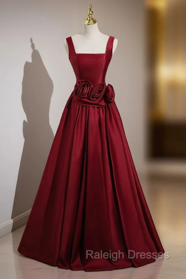 Burgundy Satin Straps Flower Prom Dress Main image