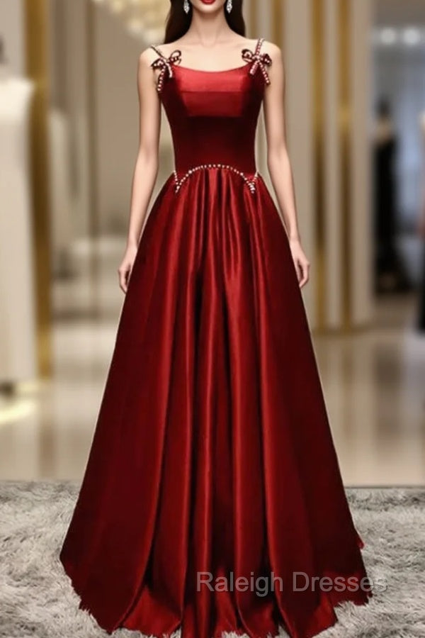 Burgundy Satin Straps Pearls Prom Dress Main image