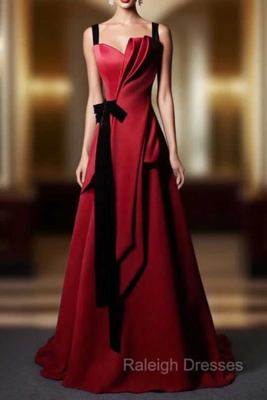 Burgundy Satin Straps Pleats Black Velvet Prom Dress Main image